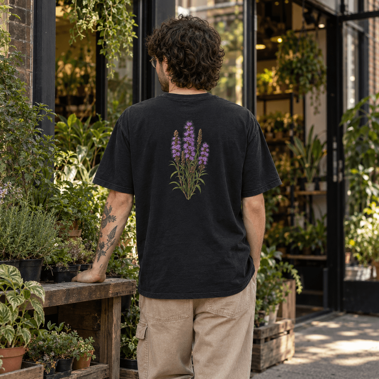 Rear view of a man wearing a black tee with a purple botanical print beside a greenhouse. AI-generated promotional image.