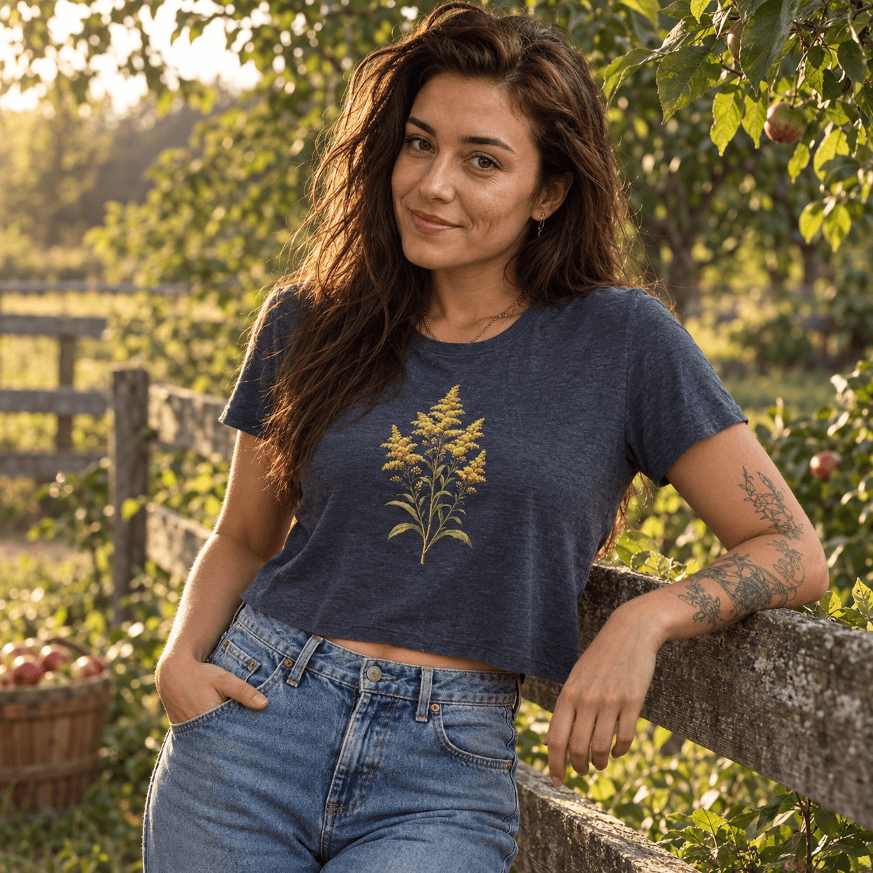 A woman in a dark cropped tee with a yellow botanical print leans against a garden fence. AI-generated promotional image.