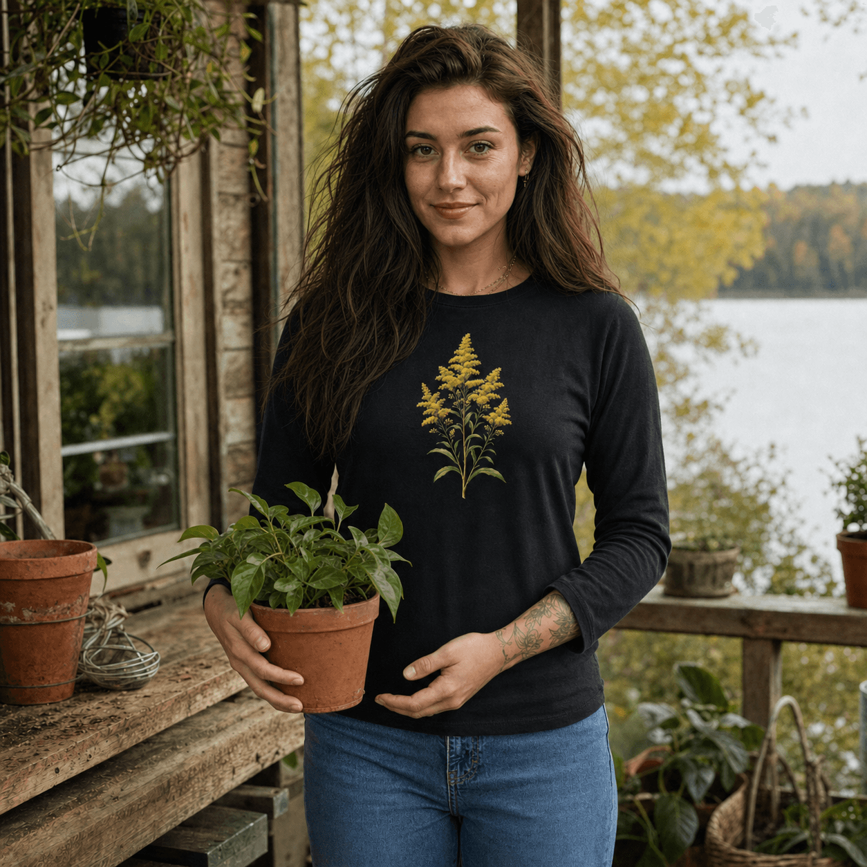 A woman holds a potted plant beside a greenhouse, wearing a black long-sleeve shirt with a yellow botanical print. AI-generated promotional image.