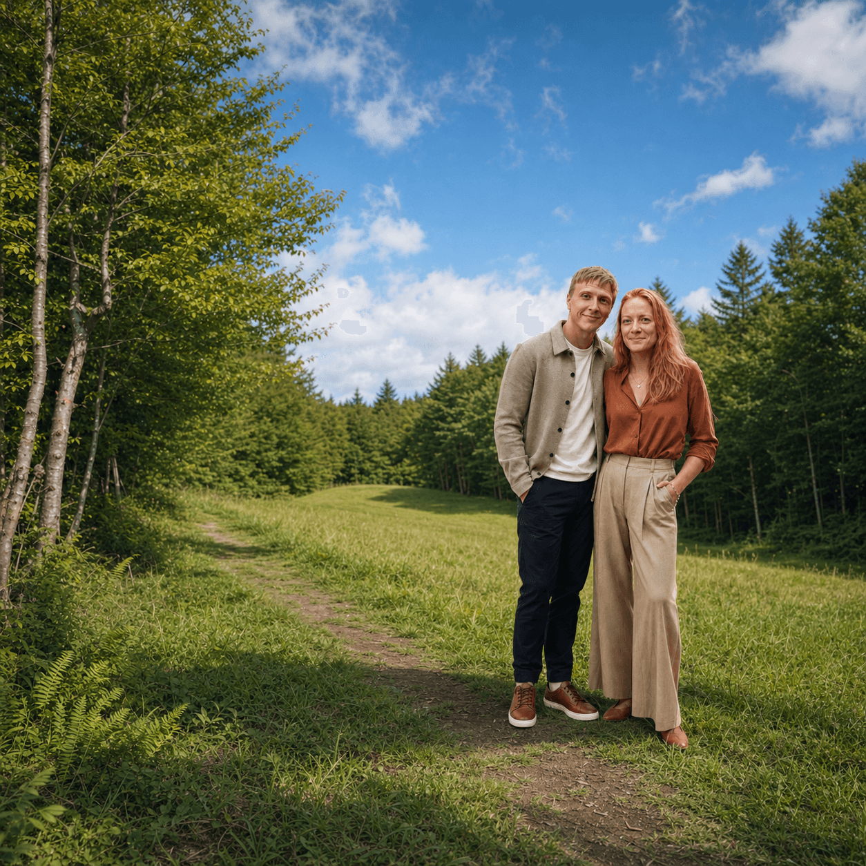 A couple stands together on a path bordered by trees.