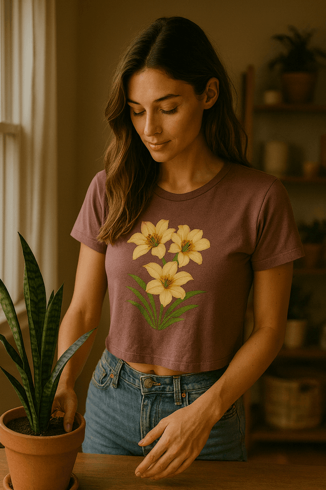 Model wearing custom botanical t-shirt while gardening